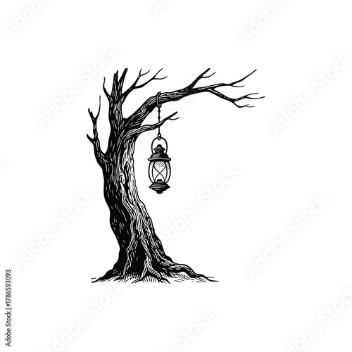 Vintage engraving style illustration of an old, gnarled bare tree with a rustic oil lantern hanging from its branch