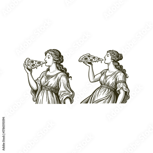 vintage engraving style illustration of a mythological or classical woman figure enjoying a slice of pizza