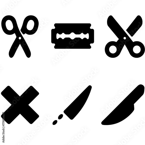 Black silhouette icons of scissors, razor blade, and knife on dark background