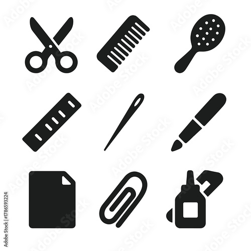 Elegant silhouette icons of office and personal care tools on dark background