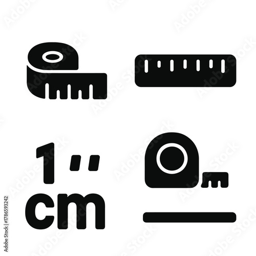 Black measurement icons on gray background - ruler, tape, centimeter
