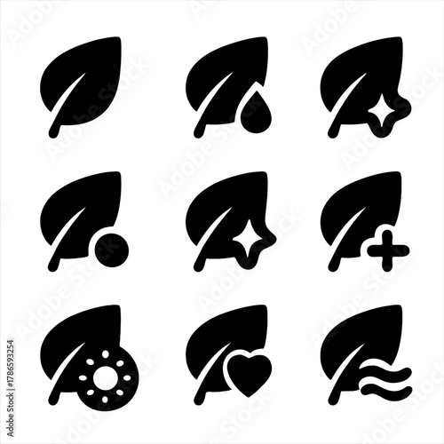 Black leaf icons with various symbols for eco-friendly and natural concepts