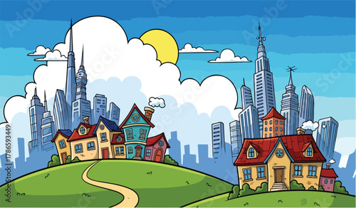 Cartoon suburban houses on green hills with city skyline