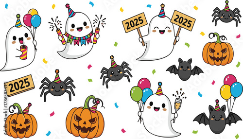 Cute ghosts pumpkins spiders bats balloons confetti 2025