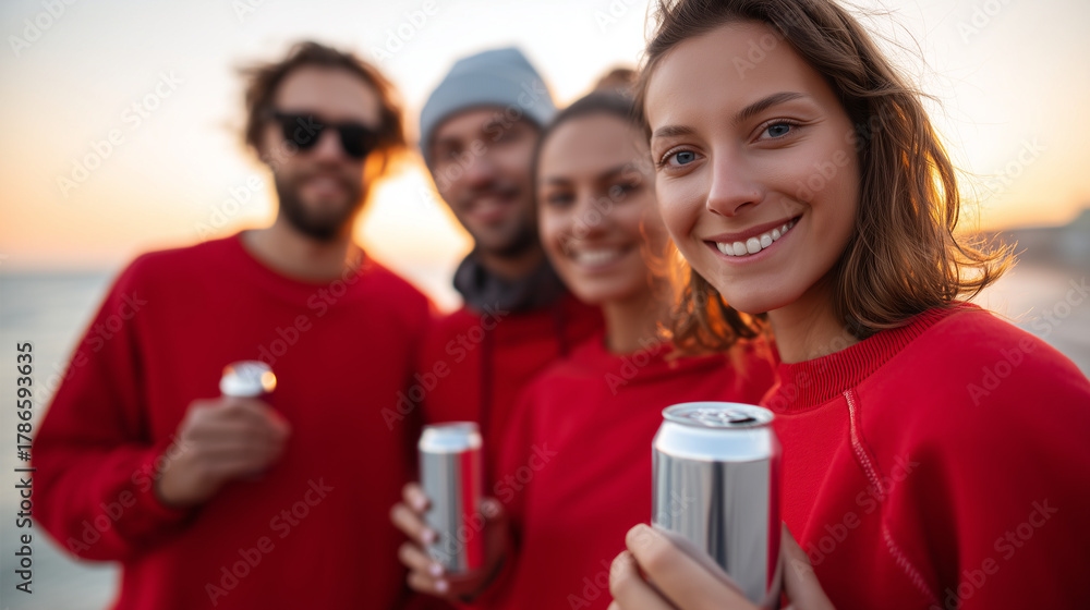 Fototapeta premium Defocused friends in festive red attire with sharp focused beverage cans and sunset beach backdrop, with copy space , 