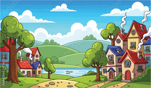 Cartoon village by lake with rolling green hills lakeside