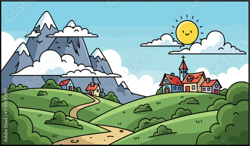 Cartoon village nestled in green hills below snow capped mountains