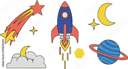 Cartoon rocket flying past moon stars and planet space