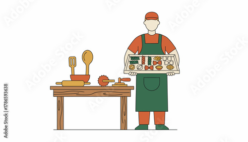 A vendor selling handmade pasta showcasing a variety of colors and shapes against a backdrop of rustic kitchen tools.