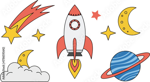 Cartoon rocket moon stars planet and comet spaceship