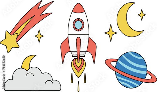 Cartoon rocket moon stars planet cloud shooting star