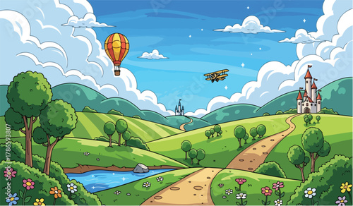 Cartoon hot air balloon and biplane over rolling green hills with castles