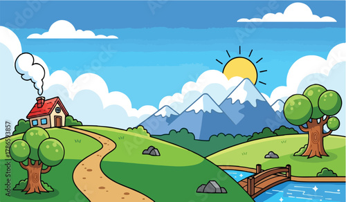 Cartoon house on green hill with mountains and river