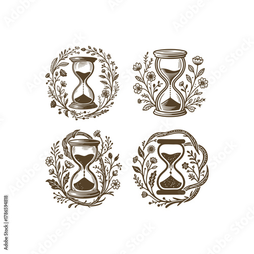 Vintage hourglass illustration set surrounded by delicate floral wreaths. Hand-drawn doodle style collection representing time, nature, and the cycle of life