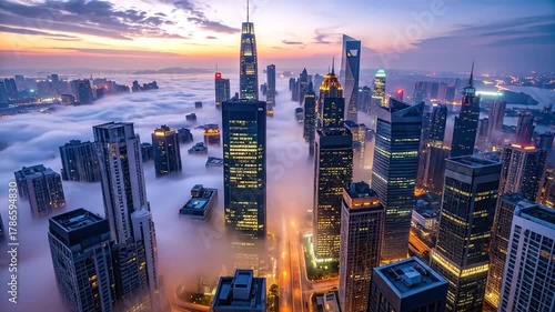 Aerial View of Modern Cityscape Above the Clouds