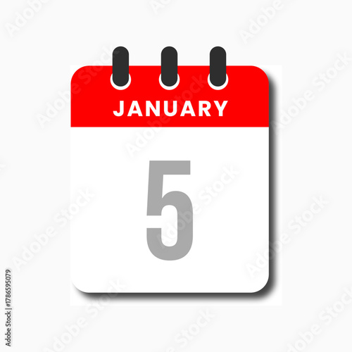 Red and white January 5 calendar flat icon for business and time management use.