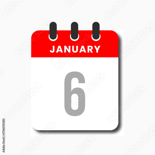 Clean January 6 calendar icon in flat modern design, suitable for planner layouts.
