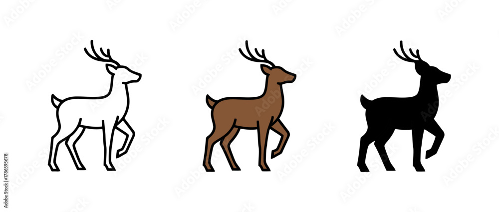 Obraz premium Deer Icon Set in Outline, Brown, and Silhouette Styles Walking on White