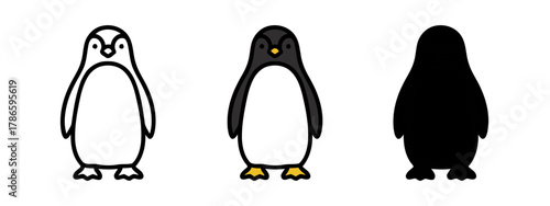 Three Penguin Graphics in Outline, Filled, and Silhouette Styles