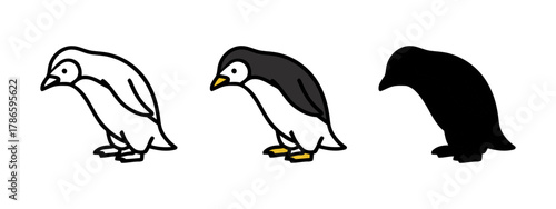 Standing Penguin in Multiple Graphic Styles on a Plain White Background