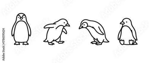 Penguin Icons: Four Line Drawings of the Flightless Birds in Various Poses
