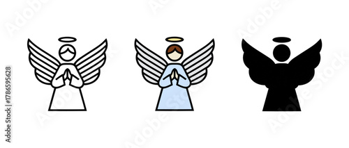 Three depictions of an angel with wings and halo in vector outline drawing