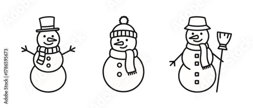 Three Snowmen Characters with Hats and Scarves in Doodle Style