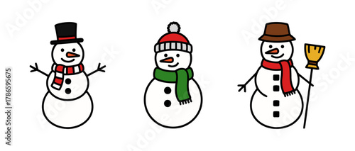 Festive Snowman Trio with Hats and Scarves Ready for Winter Holiday Fun