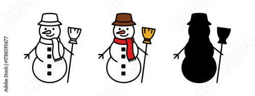 Set of Snowman Illustrations with Broom and Hat for Winter Season