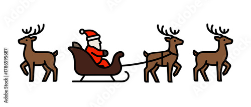 Santa in Sleigh Being Pulled by Four Reindeer on a White Background