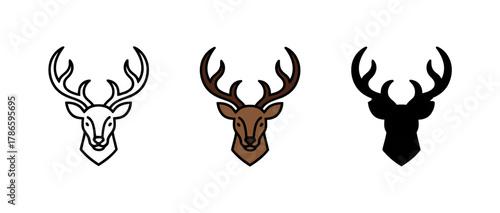 Deer Head Icons Depicting Outline, Color, and Silhouette Against a White Background