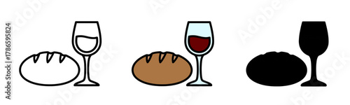 Still life featuring outlined and filled illustrations of bread and wine