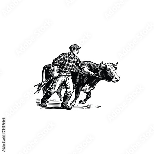 Detailed vintage illustration of a farmer or rancher in a checkered shirt leading a cow with a rope