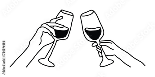 Minimalist Line Art Toasting Wine Glasses. Hand Drawn Cheers Illustration Vector