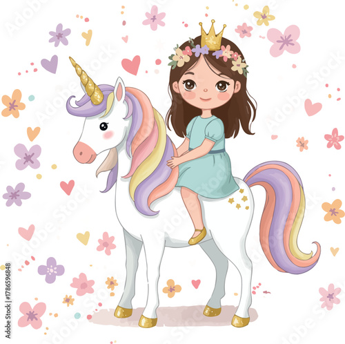 Cute princess riding a magical unicorn illustration art.