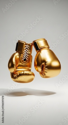 A pair of golden boxing gloves floating against a plain white studio background
