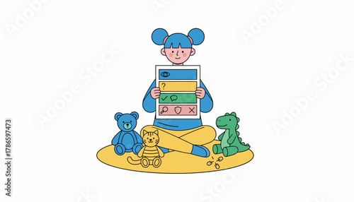 A young girl teaching her stuffed animals about Think Before You Click while holding up a colorful poster with tips.