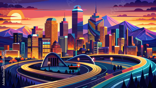 Very beautiful view of Denver, Colorado, USA skyline at dusk, featuring illuminated buildings, light trails on winding roads, and a realistic vibrant urban landscape with warm evening glow.