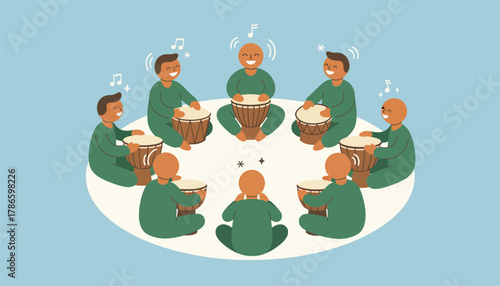 Attendees gathered in a circle engaged in a lively drum circle exchanging rhythmic beats and infectious laughter.