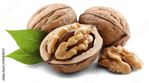 walnuts with leaves on white background