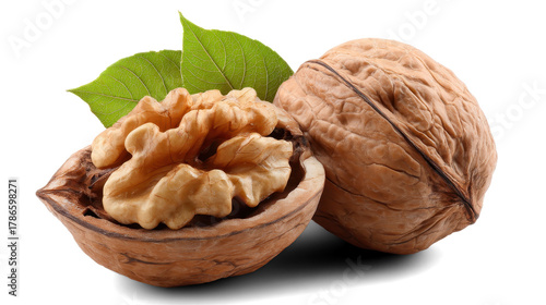 walnuts with leaves on white background
