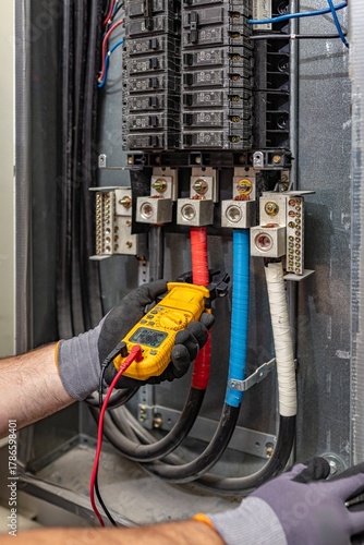Fotografía Electrician measuring current load on three-phase electrical panel using clamp m