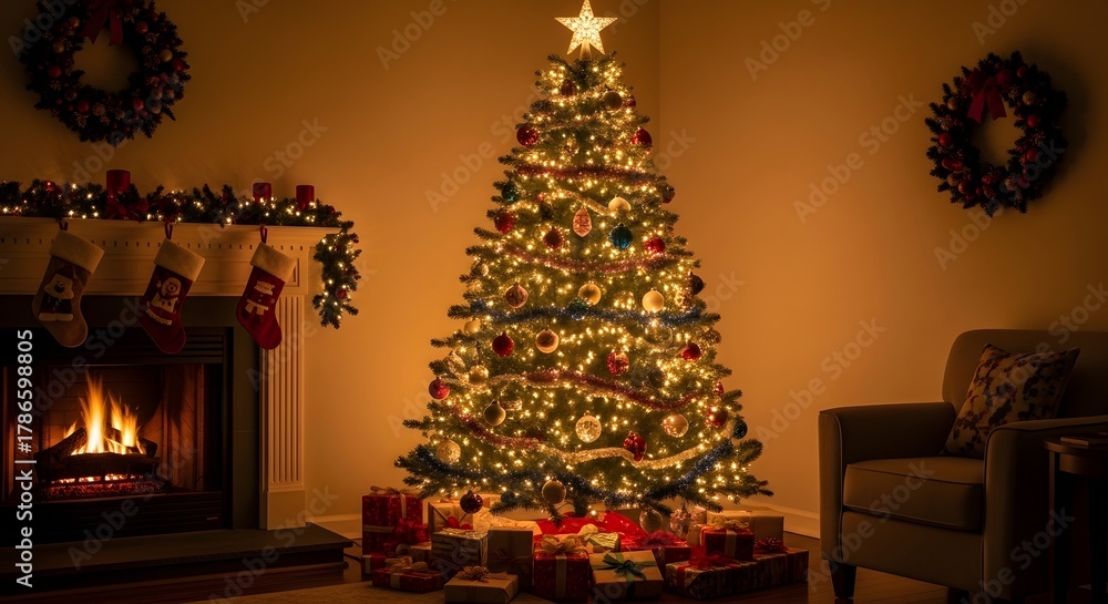 Fototapeta premium Illuminated christmas tree with gifts fireplace and wreaths in warm lighting