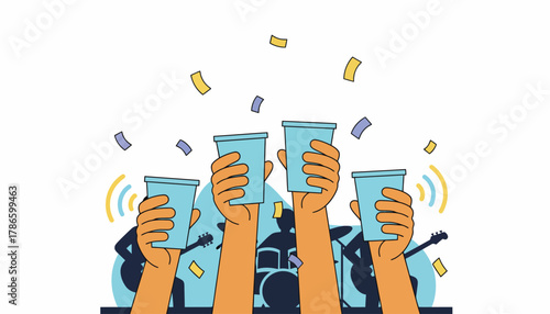 Closeup of hands holding drink cups raised high celebrating in unison as a popular band plays a hit song.