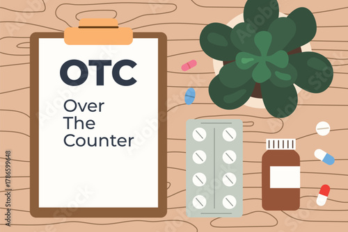 OTC Over The Counter drugs concept, ideal for pharmacy, healthcare, and medical education designs- vector illustration