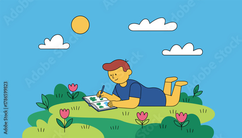 A child lying on a grassy field drawing and writing in their journal capturing the beauty of nature around them.