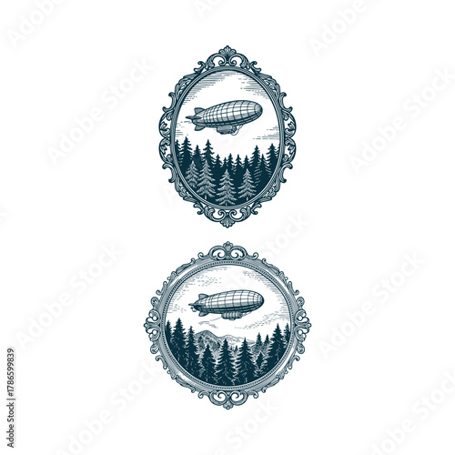 Two detailed vintage engraving style illustrations featuring a classic airship or Zeppelin flying above a dense pine forest landscape, all framed within ornate ornamental borders