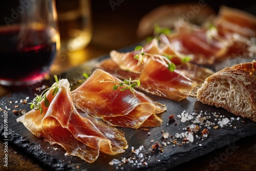 Sliced Iberian smoked lard on black slate with garnish. Gourmet Spanish food for culinary and restaurant marketing.
