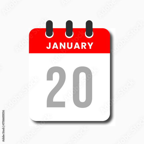 Flat January 20 calendar icon in red and white, minimalist planner design concept.