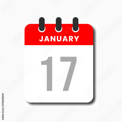 Flat January 17 calendar icon with red header, minimalist style for productivity use.
